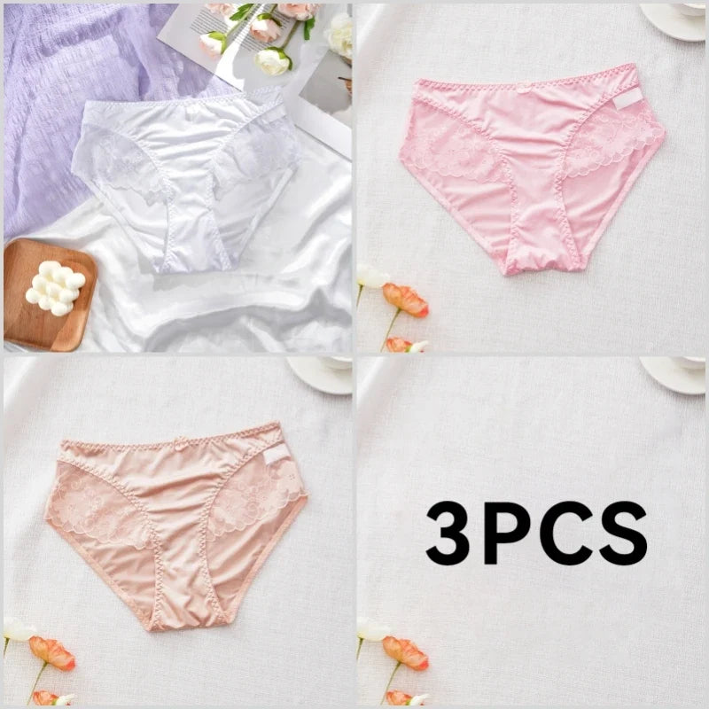 Lot de 3 Culottes en Satin Sexy avec Dentelle