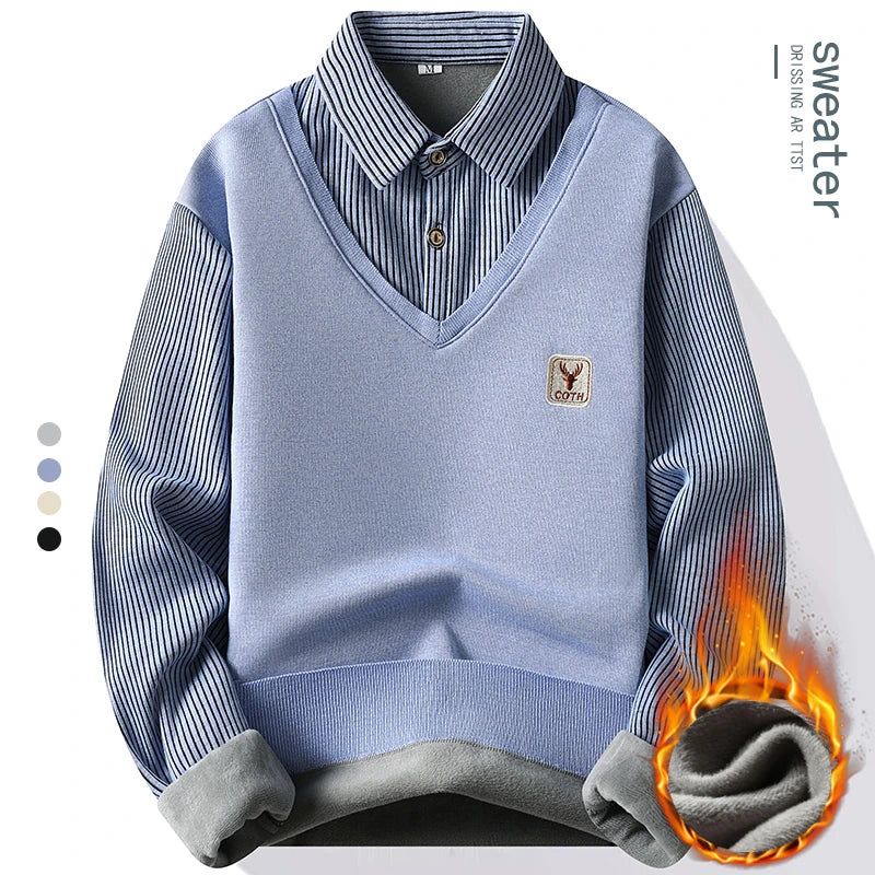 Pull 2 en 1 avec Chemise à Rayures Doublure Polaire