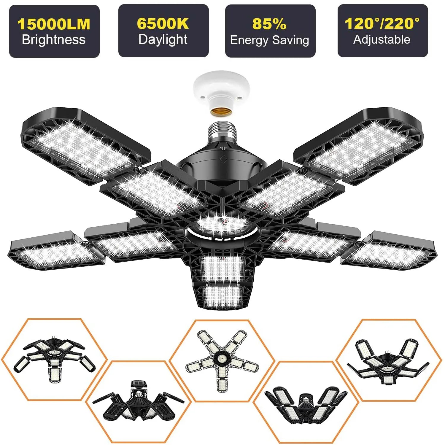 Lampes de garage avec 10 panneaux réglables - 15000 Lumens