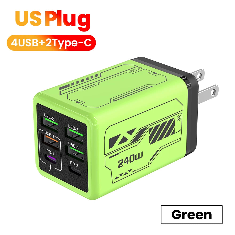 Chargeur USB-C 240W Ultra Rapide – 6 Ports (4 USB + 2 Type-C) PD3.0 pour iPhone et Samsung