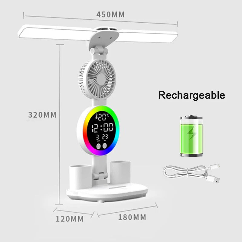 Lampe de Bureau Multifonction 4-en-1 avec Ventilateur