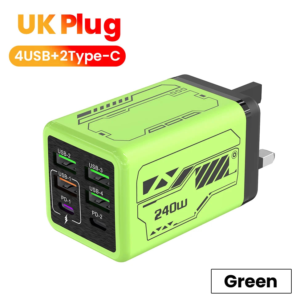 Chargeur USB-C 240W Ultra Rapide – 6 Ports (4 USB + 2 Type-C) PD3.0 pour iPhone et Samsung