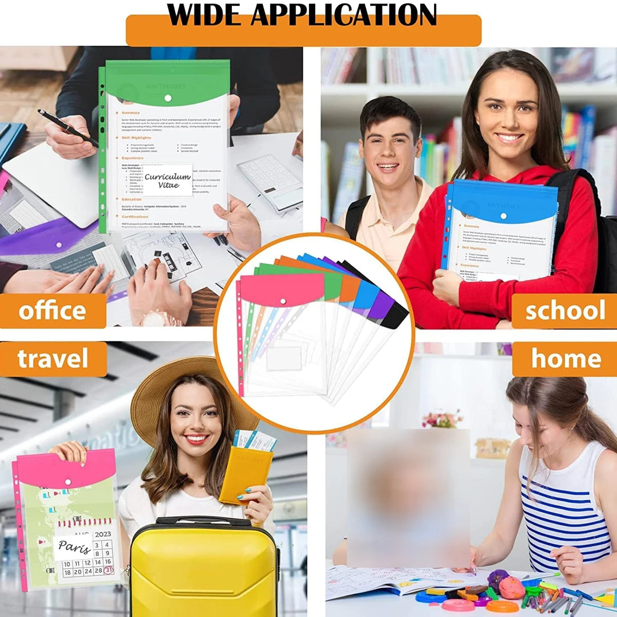 12x Pochettes Porte-fichiers à Bouton Pression pour Classeur