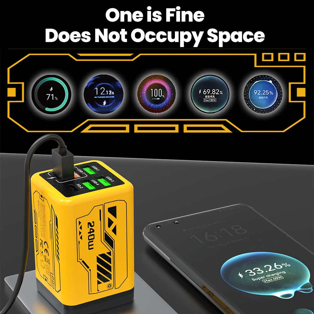 Chargeur USB-C 240W Ultra Rapide – 6 Ports (4 USB + 2 Type-C) PD3.0 pour iPhone et Samsung