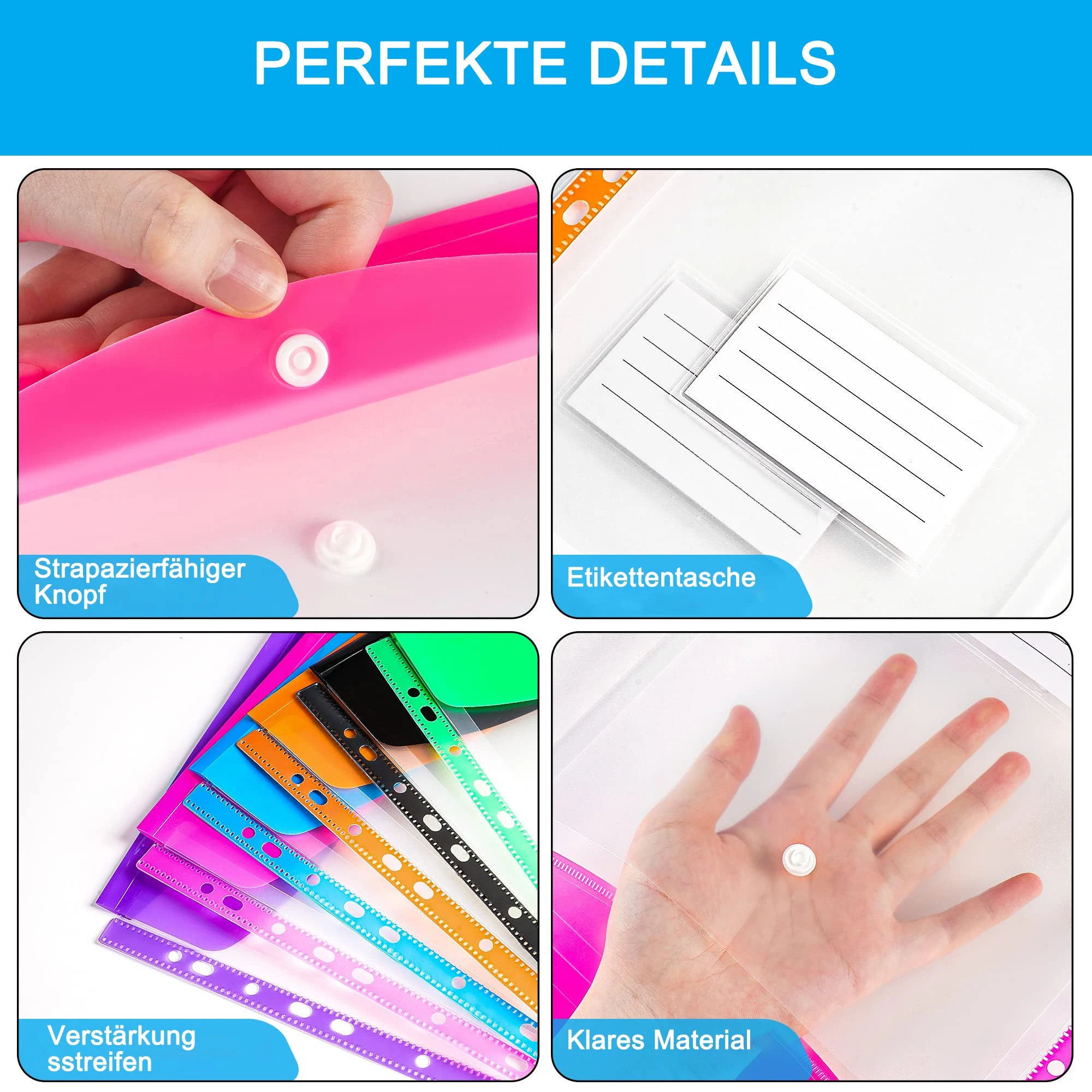 12x Pochettes Porte-fichiers à Bouton Pression pour Classeur