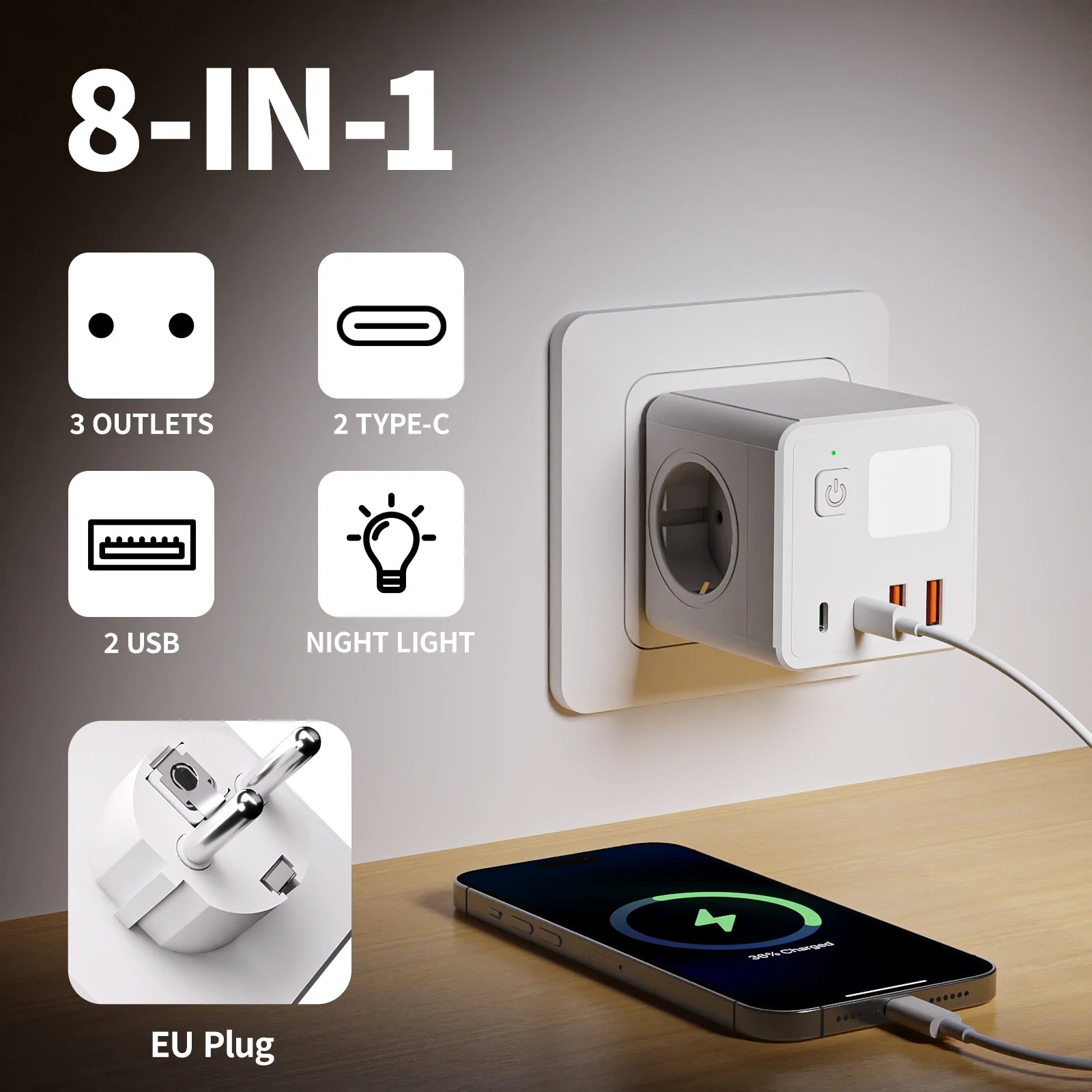 Multiprise Murale 7 en 1 avec Veilleuse LED Réglable