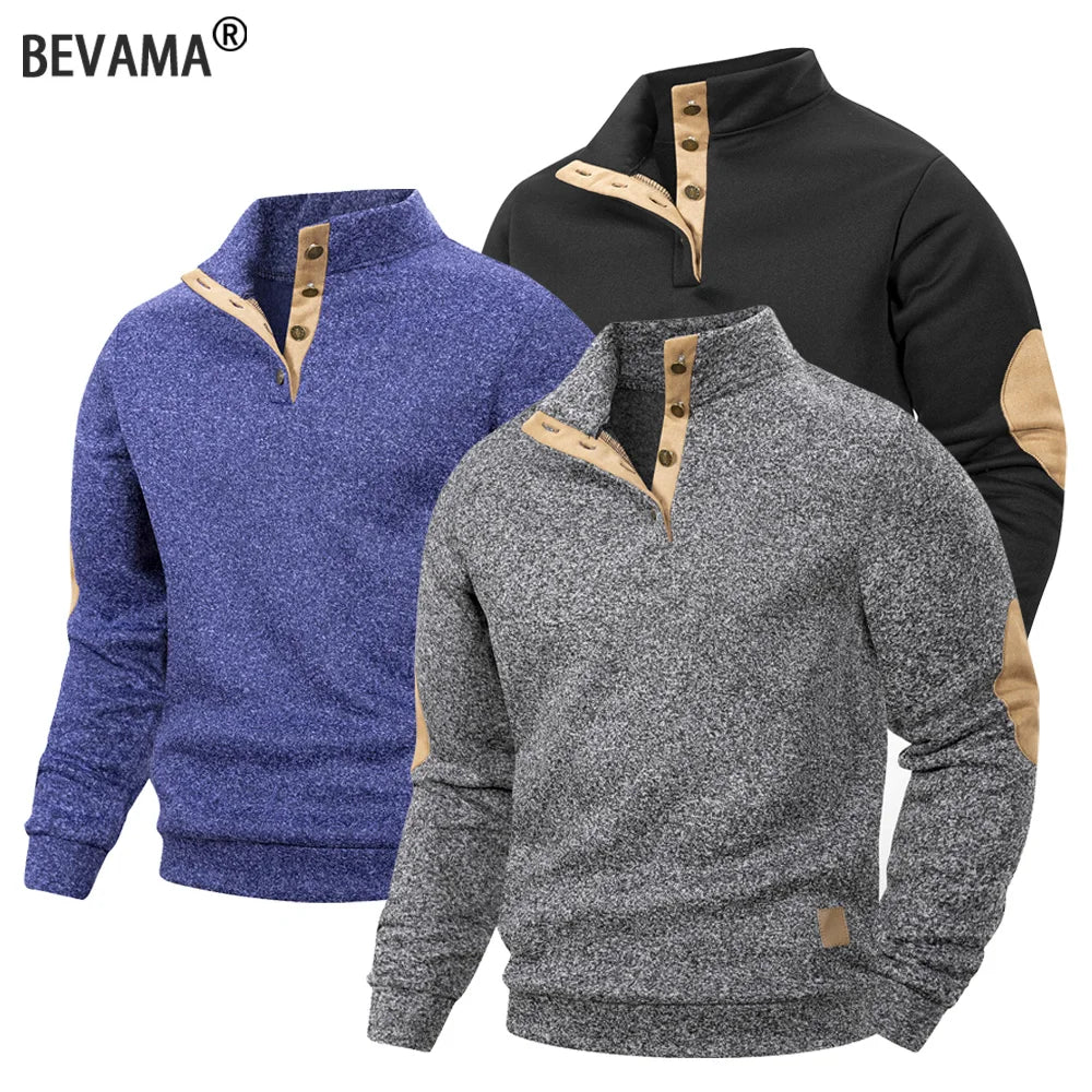 Pull Décontracté pour Homme - Détail Col Montant à Boutons & Coudières