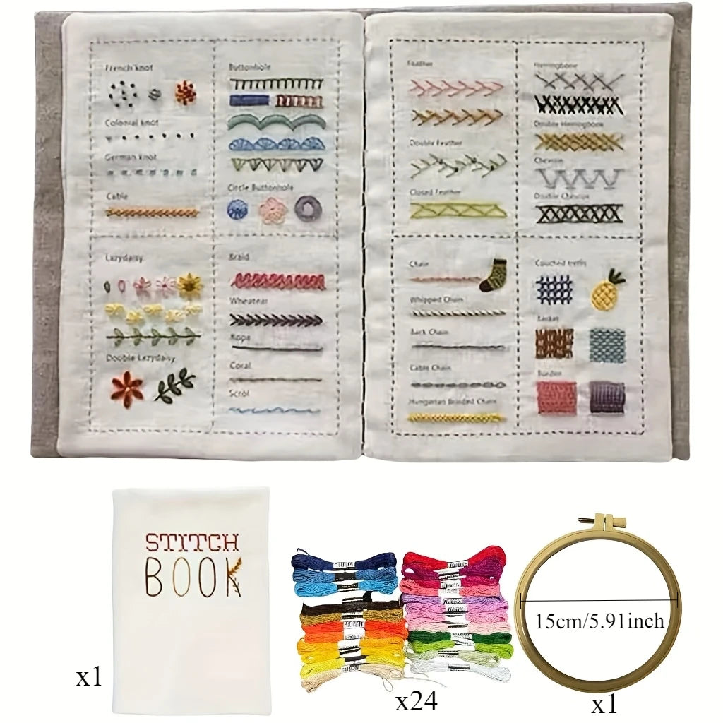 Kit Livre de Broderie Débutant – Guide des Points de Broderie avec 24 Fils et Tambour OFFERTS