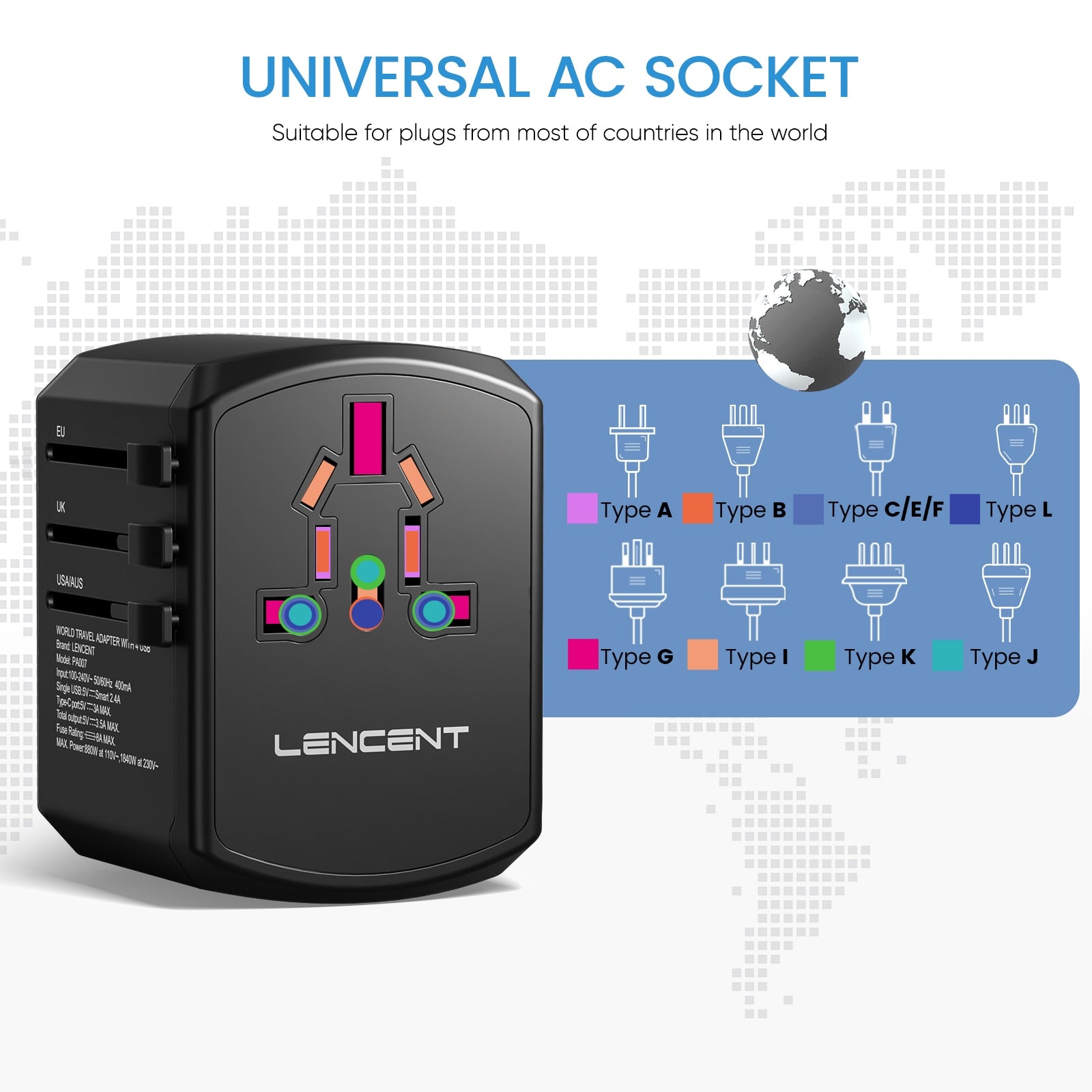 Adaptateur universel de voyage - EU, UK, USA & AU